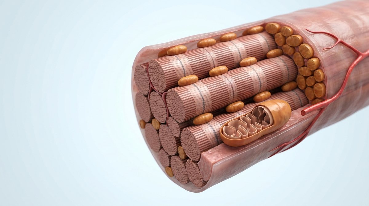 Illustration of a human skeletal muscle fiber cut open to show myofibrils with rows of mitochondria between them and a cluster beneath the fiber surface beside a capillary