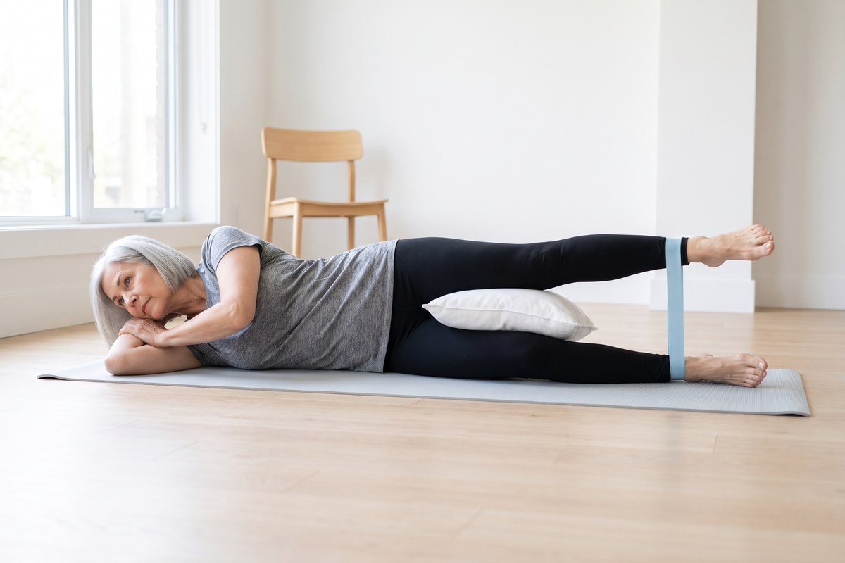A woman in her late fifties lying on her left side on an exercise mat in a bright studio, head resting on her arm, a white pillow between her knees, the top leg held straight and raised about 30 degrees, a pale-blue elastic band looped around both ankles.