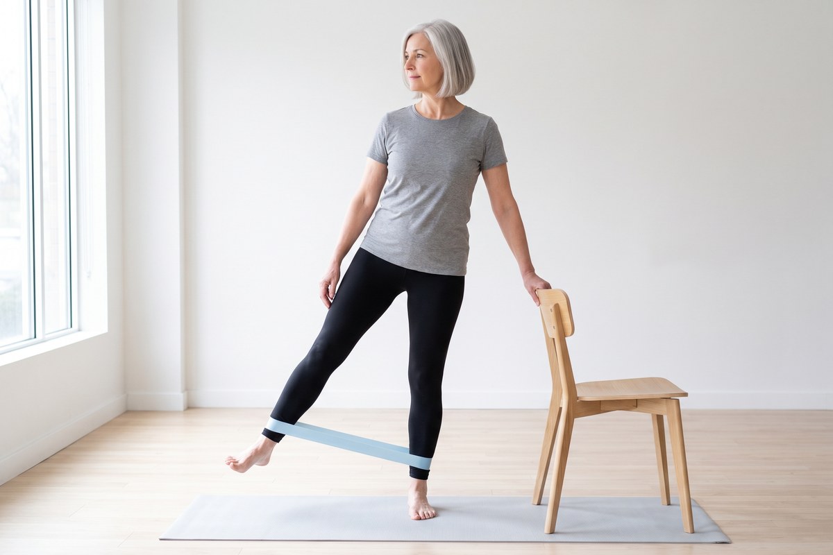 The same woman standing on her right leg beside a light-wood chair with one hand on its back, her left leg lifted a short distance straight out to the side with the knee straight, a pale-blue elastic band stretched between her ankles.
