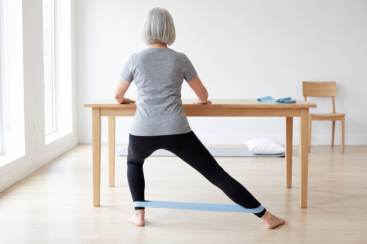 The same woman seen from behind, both hands on a light-wood table, her right leg slid straight out to the side with the whole foot flat on the floor while her left hip and knee bend, a pale-blue elastic band stretched between her ankles.