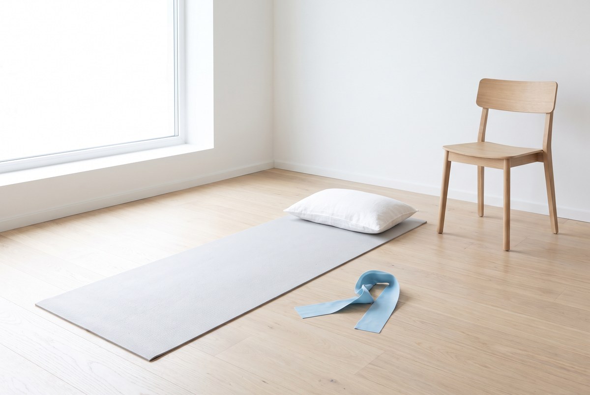 A bright physiotherapy studio with an exercise mat, a pillow, a pale-blue elastic band and a wooden chair