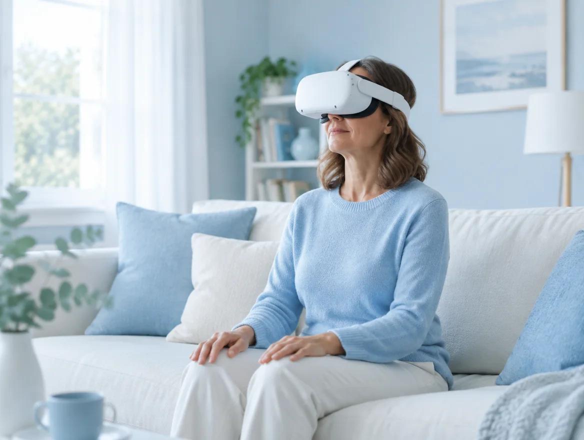 A person sitting comfortably on a sofa at home wearing a plain white virtual reality headset