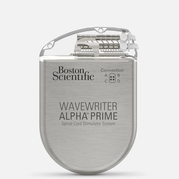 Boston Scientific WaveWriter Alpha Prime generator, a taller metal implant with a clear connector block on top