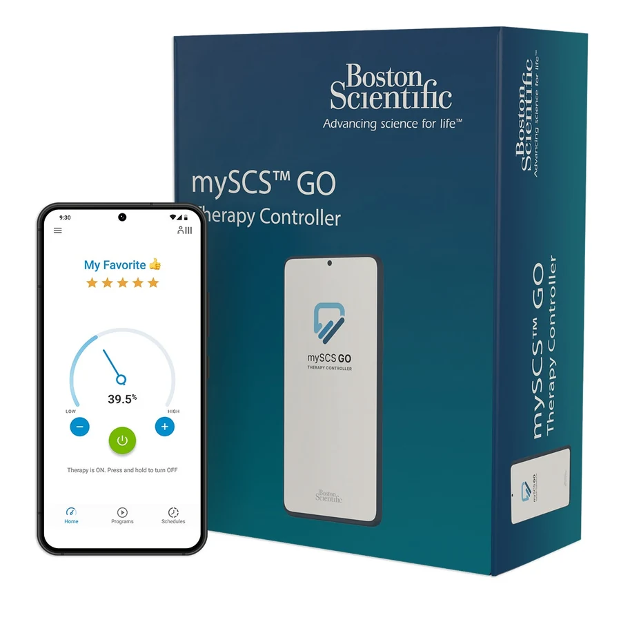 A smartphone showing the mySCS GO controller app beside the mySCS GO Therapy Controller box